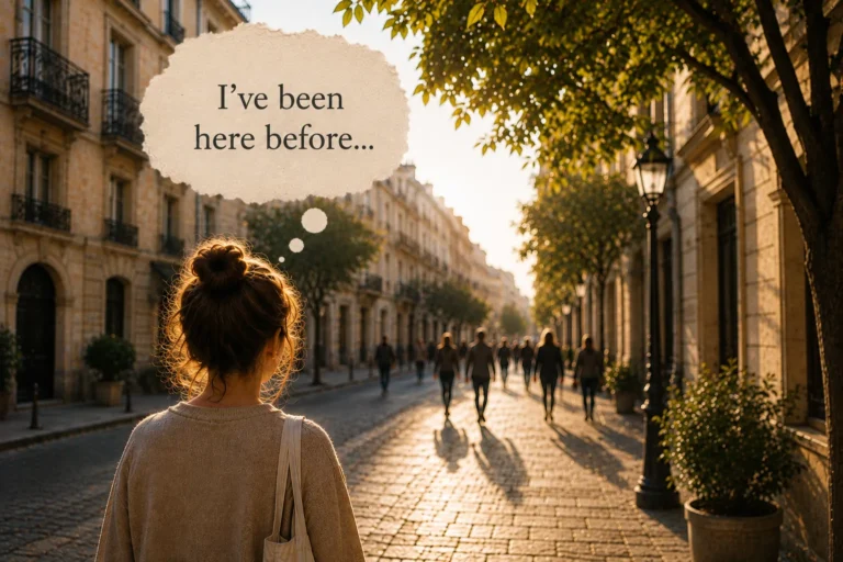 Woman walking down a sunlit street with a thought bubble reading, “I’ve been here before...”