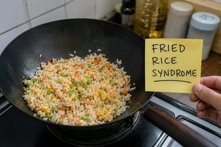Fried rice in a wok with a note labeled ‘fried rice syndrome’ highlighting rice food safety