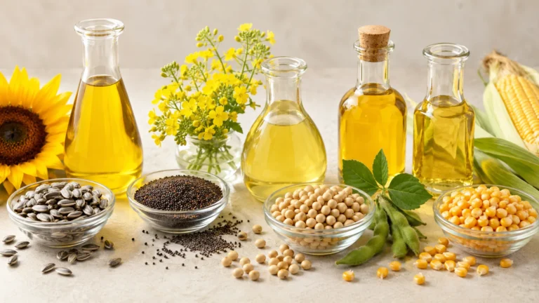 What are seed oils? Sunflower, canola, soybean and corn oils in glass bottles
