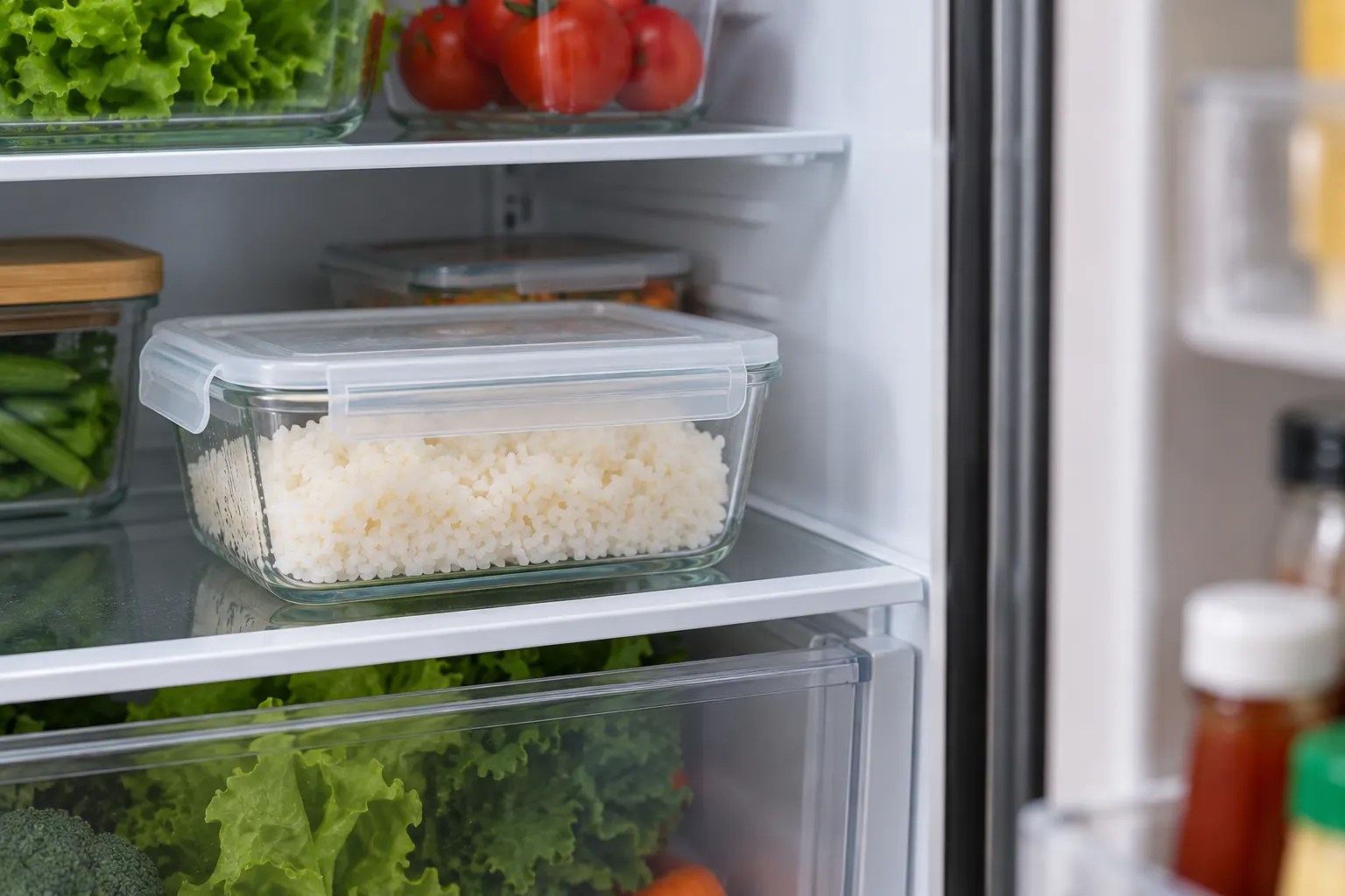 How long does cooked rice last in the fridge? Cooked white rice stored in a sealed container inside a refrigerator.