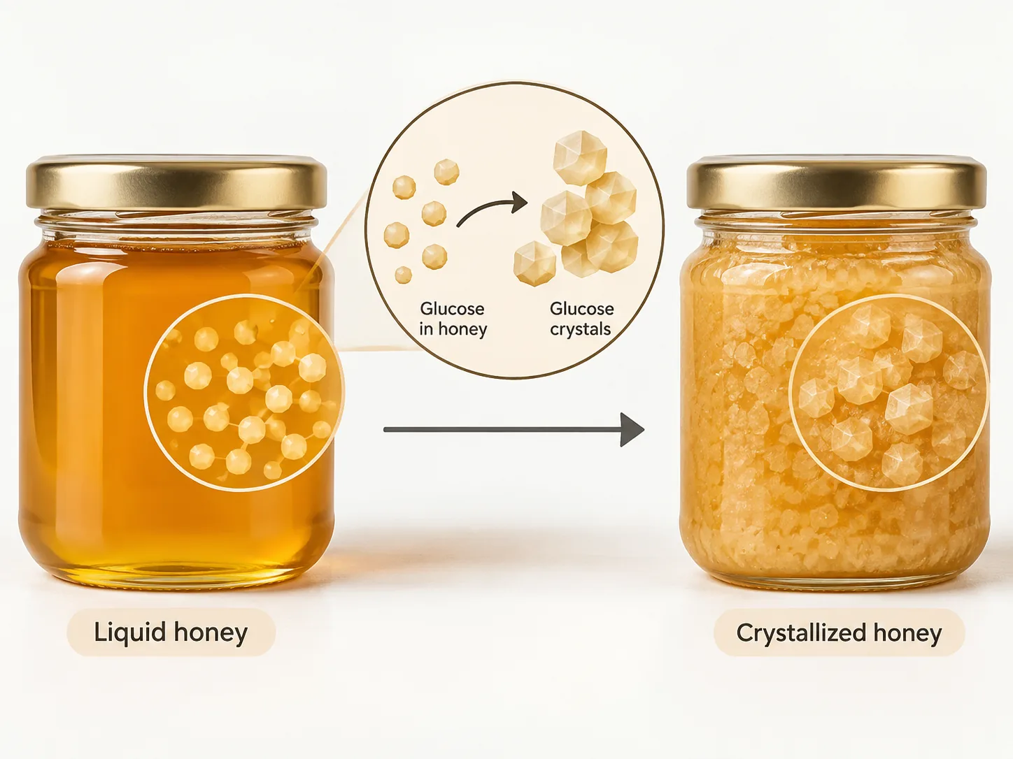 Diagram showing liquid honey changing into crystallized honey as dissolved glucose forms visible glucose crystals.