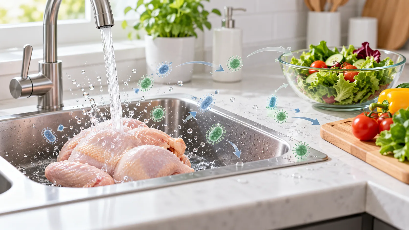Water splashing from raw chicken in a kitchen sink, showing how bacteria can spread to nearby surfaces and food