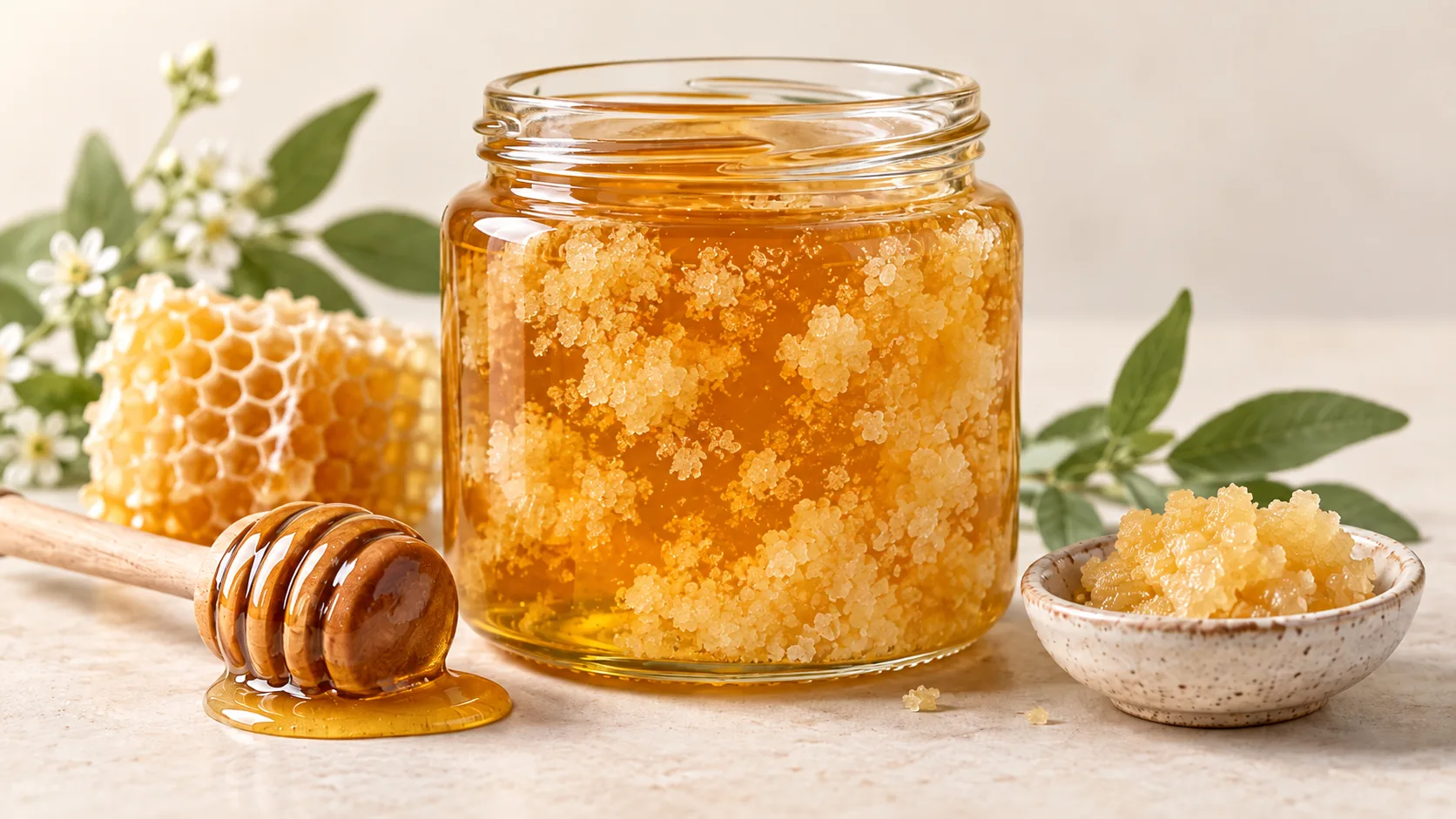 Glass jar of golden honey with visible crystallized honey, honeycomb, and a wooden honey dipper.