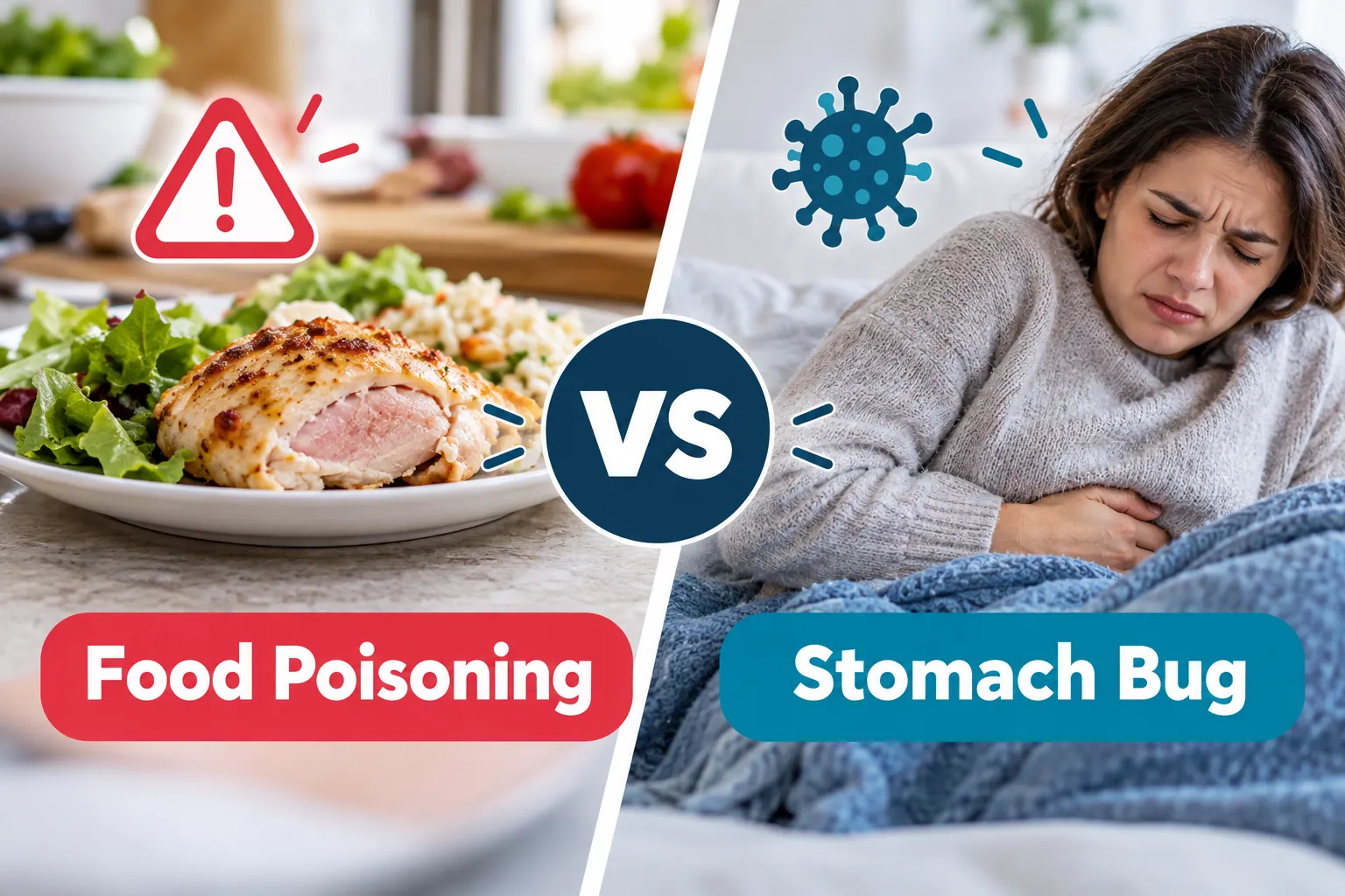 Food poisoning vs stomach bug comparison showing contaminated food on one side and a person with stomach pain on the other.
