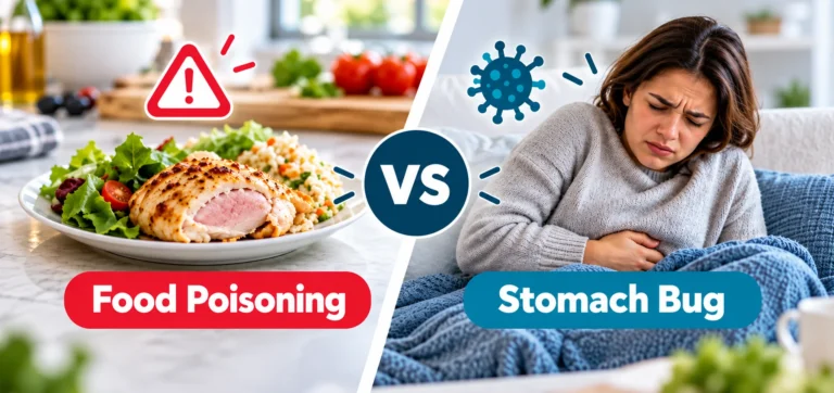 Food poisoning vs stomach bug comparison showing contaminated food on one side and a person with stomach pain on the other.