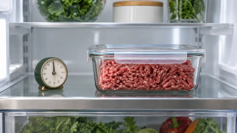 How long can ground beef last in the fridge with raw ground beef stored on a refrigerator shelf