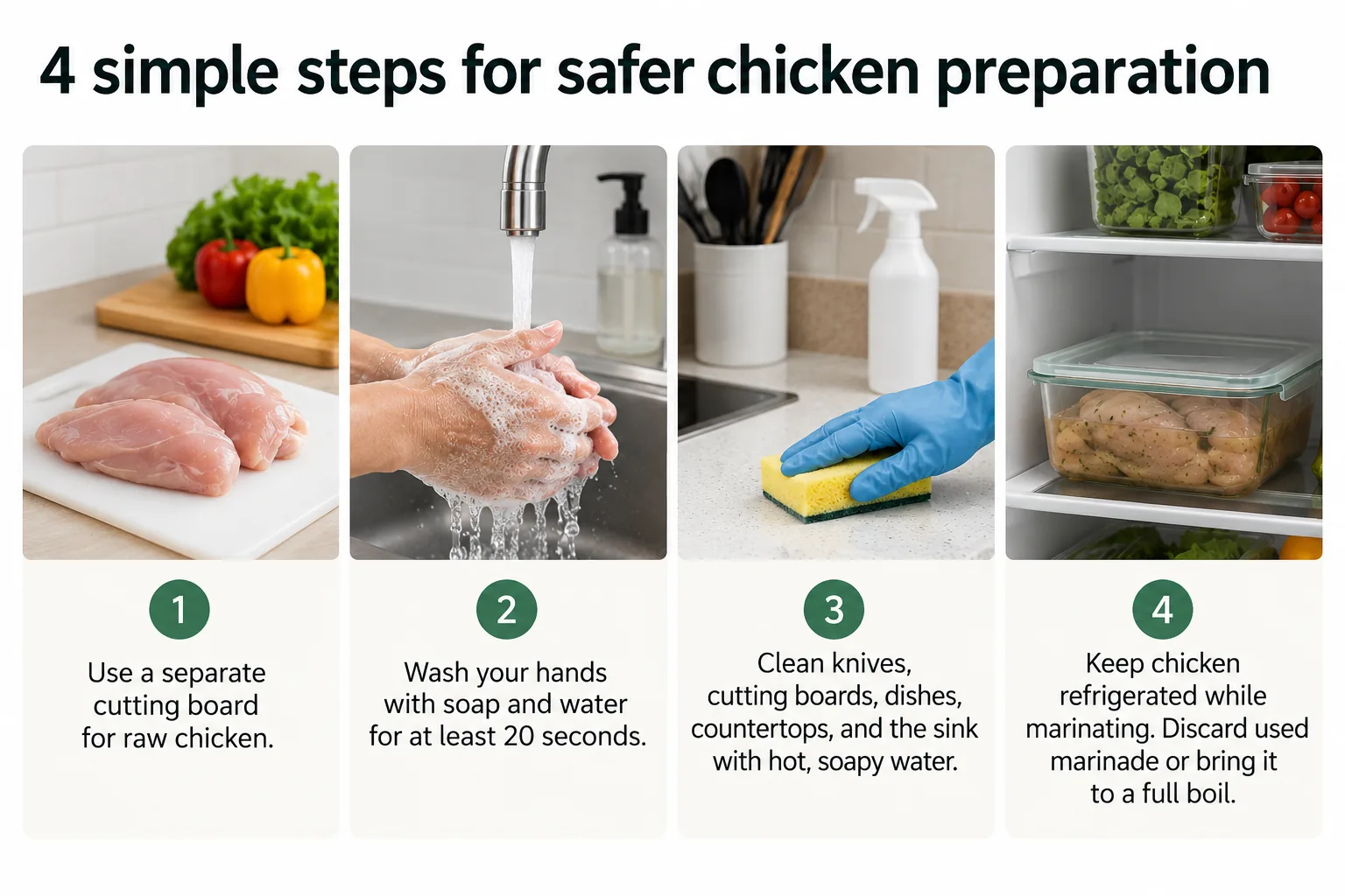 Water splashing from raw chicken in a kitchen sink, showing how bacteria can spread to nearby surfaces and food