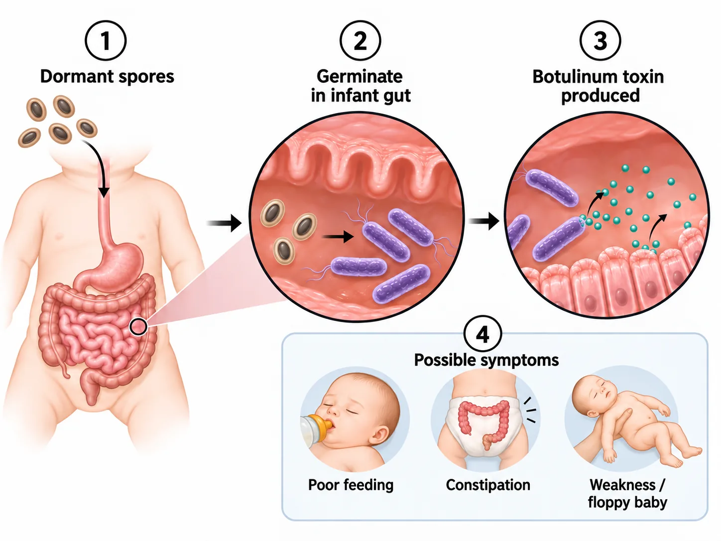 Diagram of infant botulism showing spores germinating in the gut, producing toxin, and causing feeding problems, constipation, and muscle weakness.