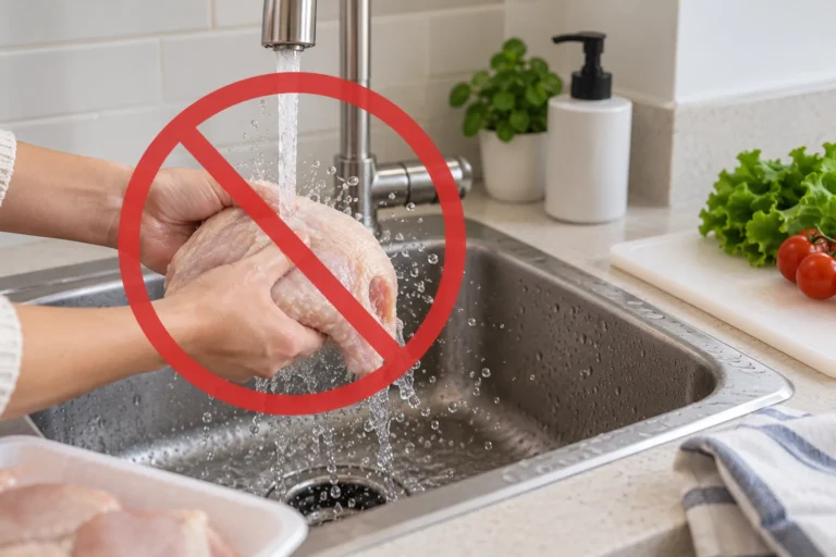 Raw chicken being rinsed under running water with a red no-washing symbol
