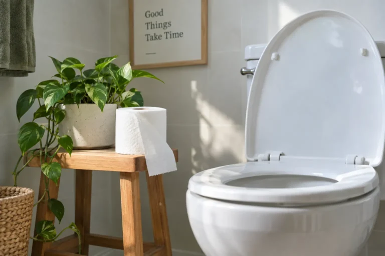 Why does poop smell? A clean bathroom with a toilet and toilet paper.