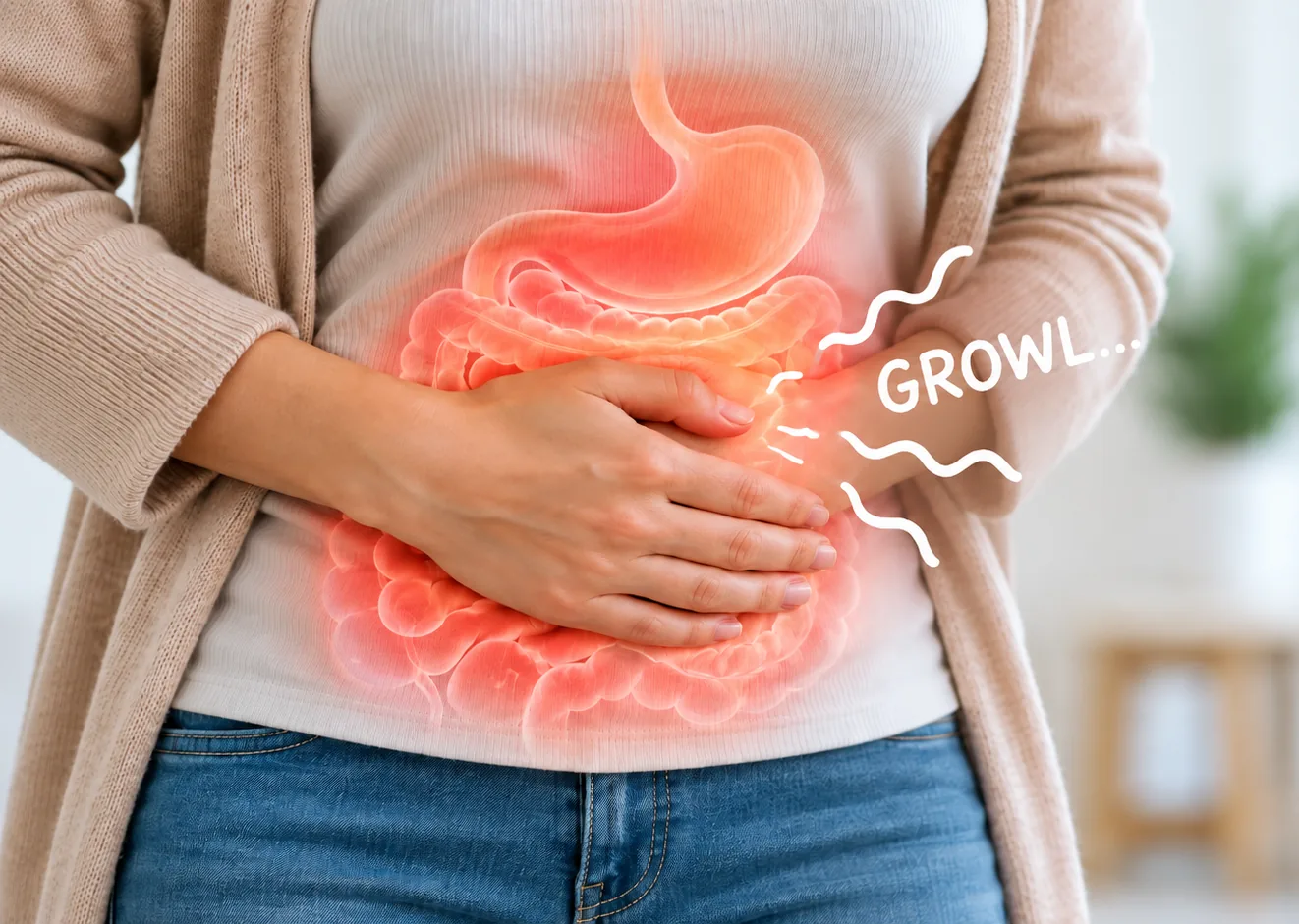 Why does your stomach growl? Digestive system illustration.